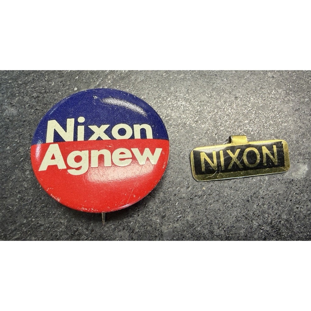 Vintage 1968 Nixon Agnew Campaign Pin Button & Nixon Green Duck Tie Clip